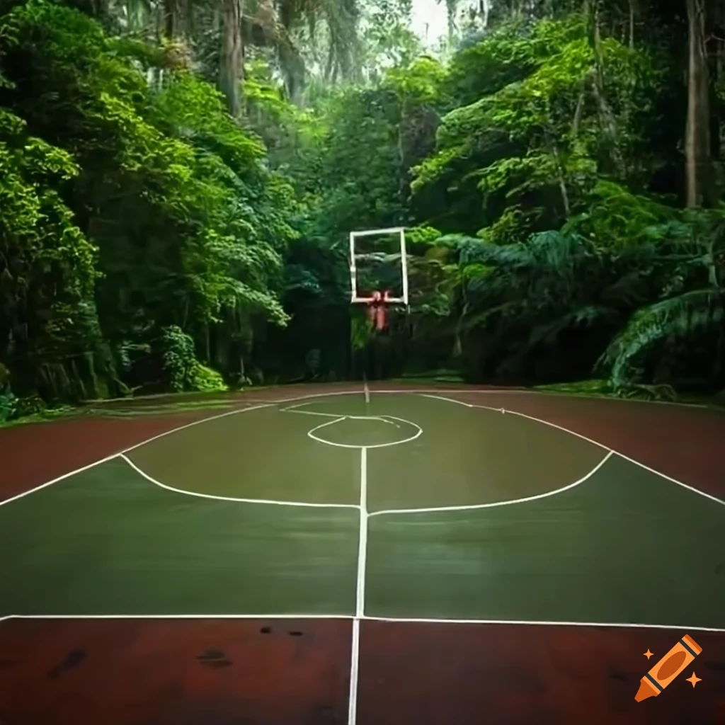 A basketball court in the rainforest photorealistic on Craiyon