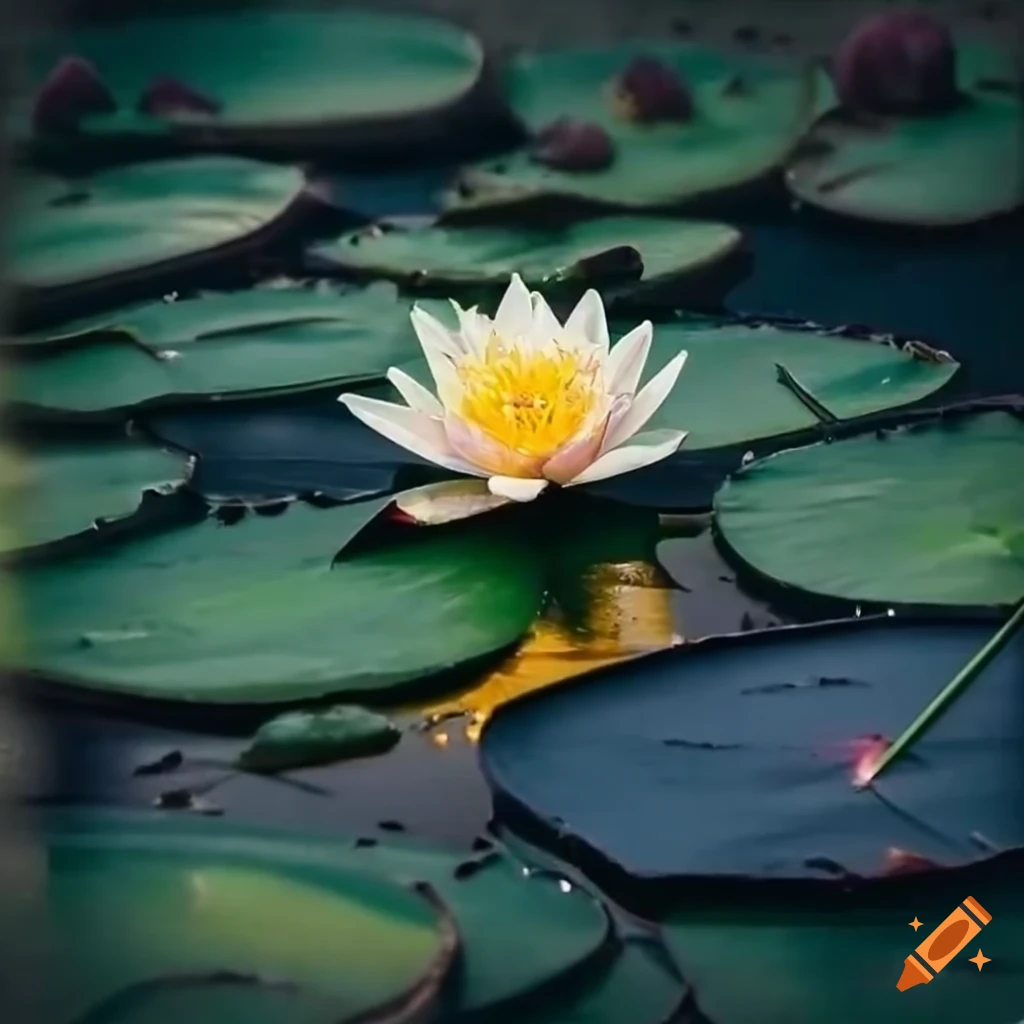 A rainsoaked water lily pad in a serene environment on Craiyon