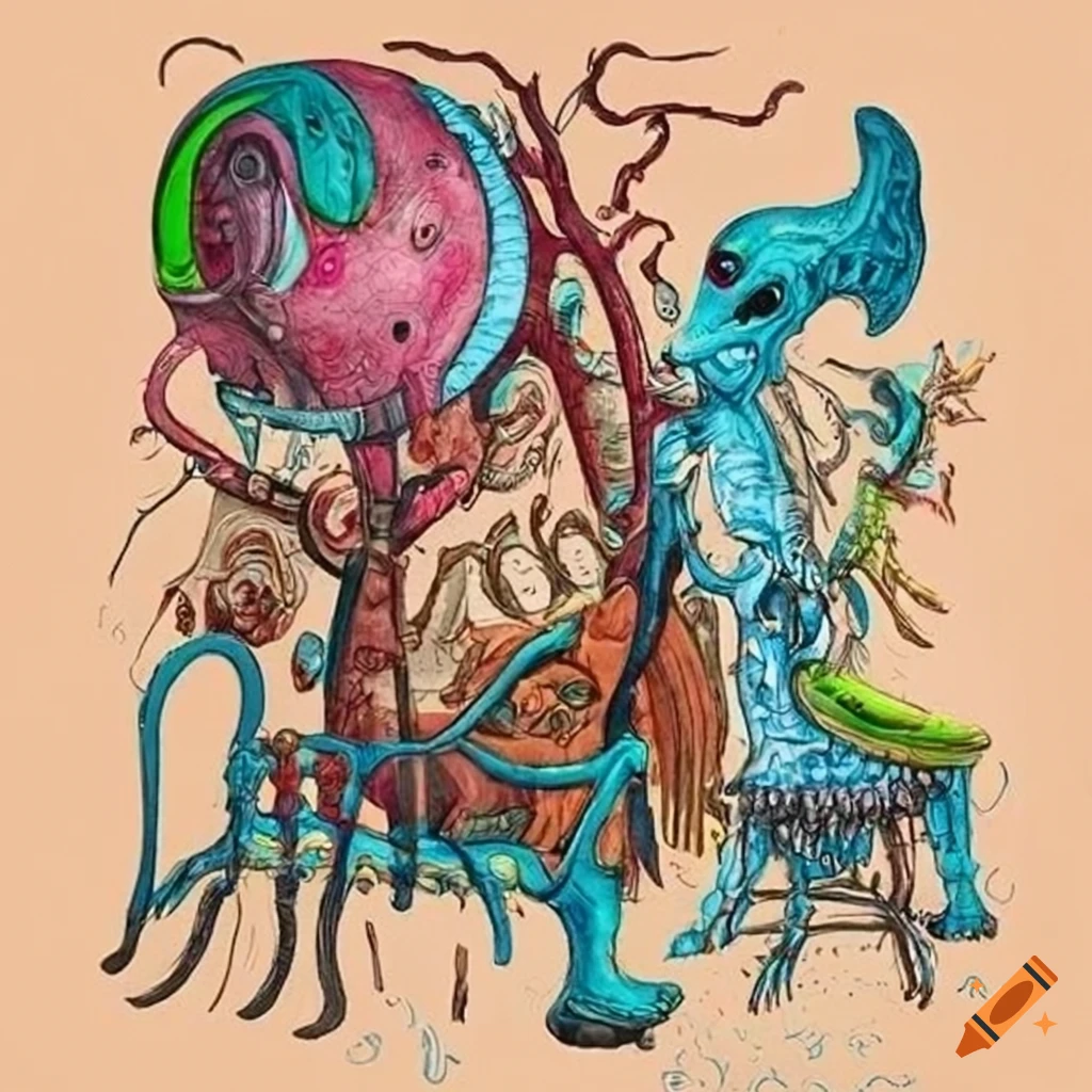 Joe Fenton drawing scene decor microcosme many creatures surrealist aliens objects masques armes instruments musical