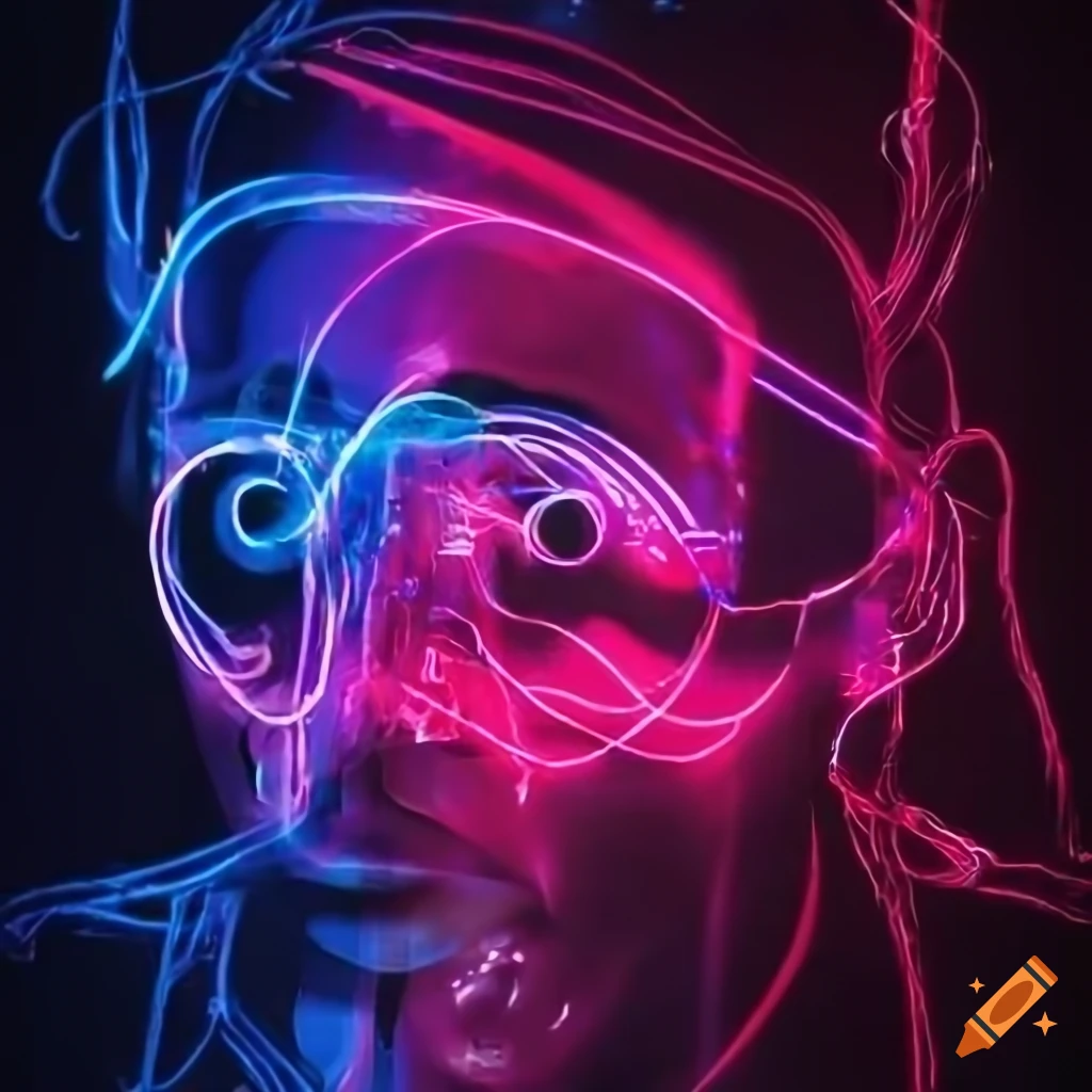 Electronic music album cover with dynamic neon visuals