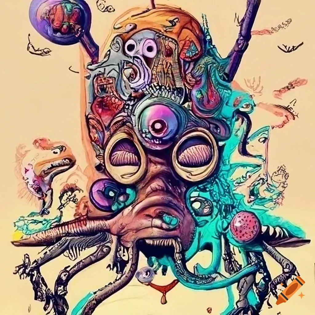 Joe Fenton drawing scene decor microcosme many creatures surrealist aliens objects masques armes instruments musical