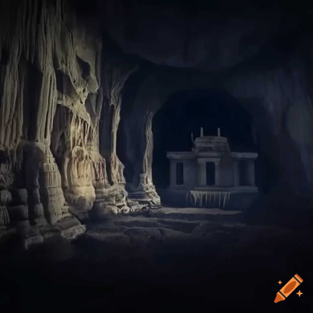 Mysterious cave with a christian temple carved into the rock on Craiyon