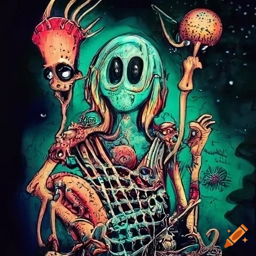 Joe Fenton drawing scene decor microcosme many creatures surrealist aliens objects masques armes instruments musical