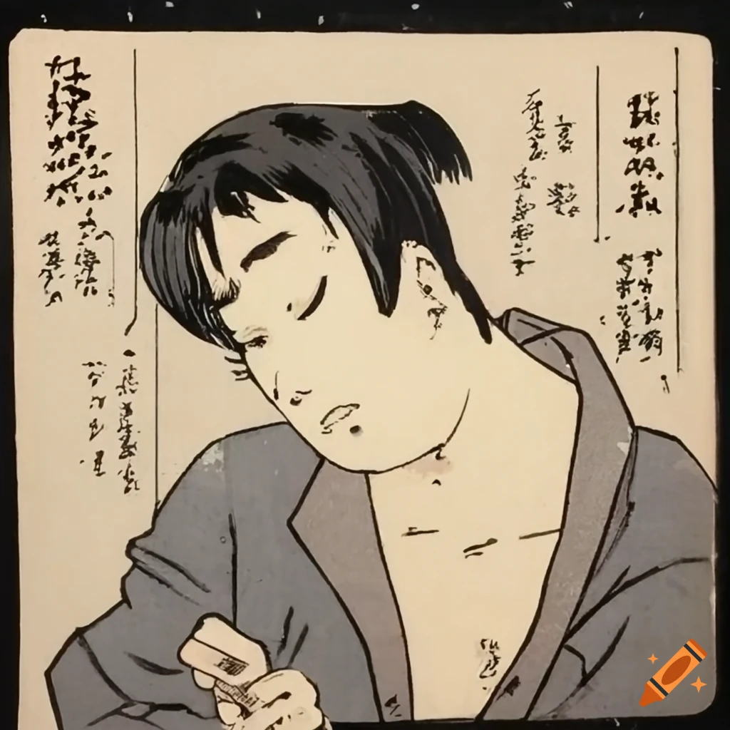 Ukiyo-e , manga style young man smoking cigarette in pouring rain alone, in  New York 1980s on Craiyon