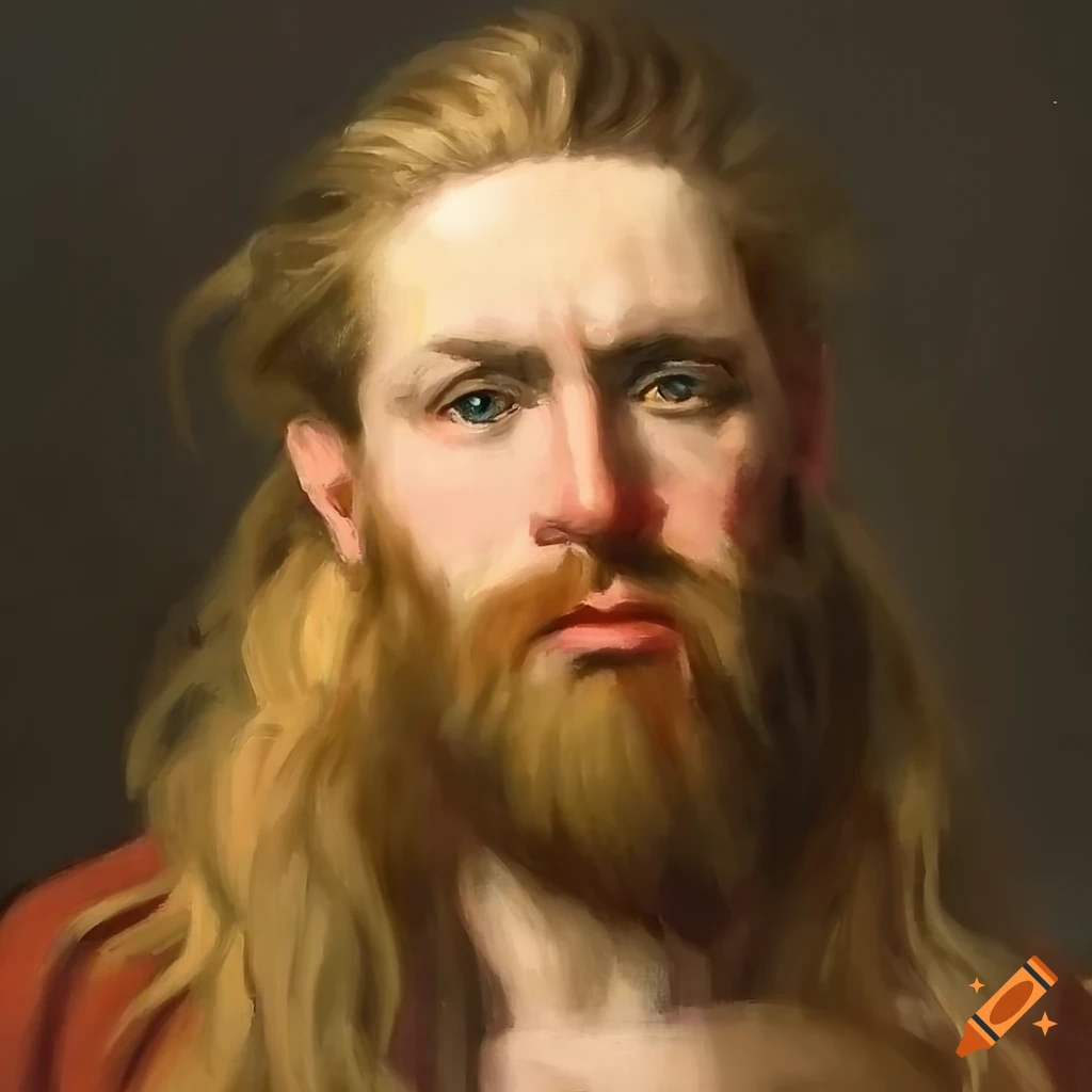 Old painting of a blond man with long hair and a beard
