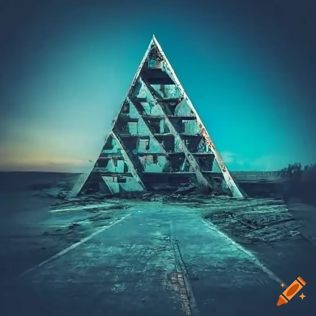 An outside view of a clean and distorted triangle building in an abandoned  and scary world on Craiyon