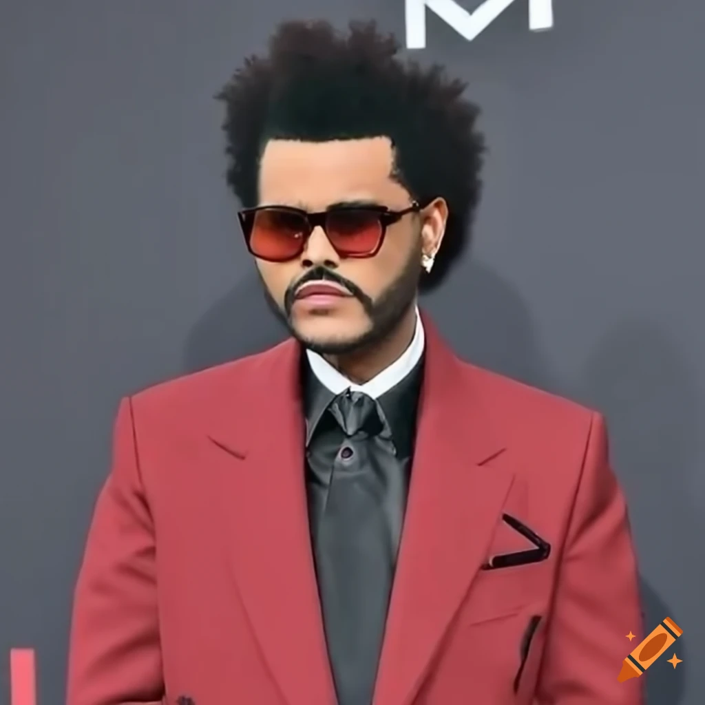 The weeknd wearing a red suit and black tie in 2023 on Craiyon