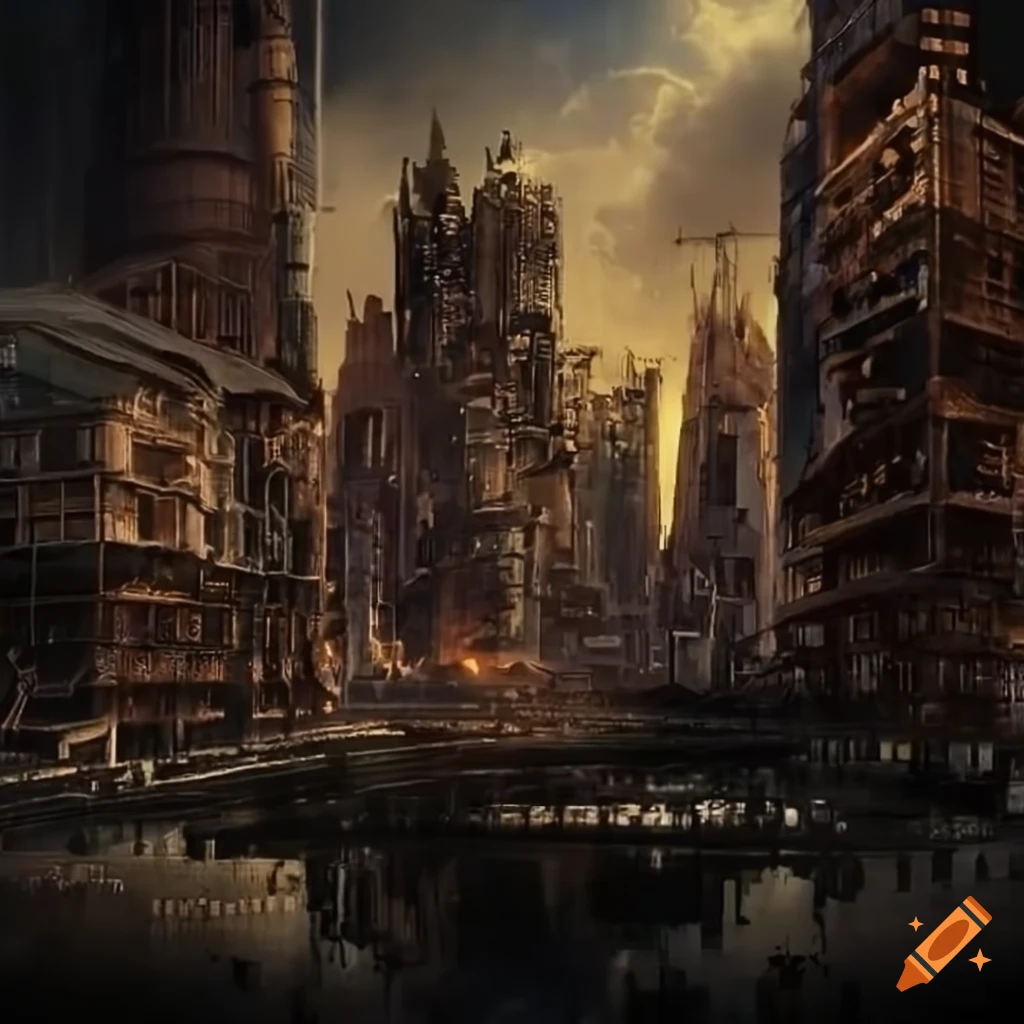 Steampunk cyberpunk dystopian city