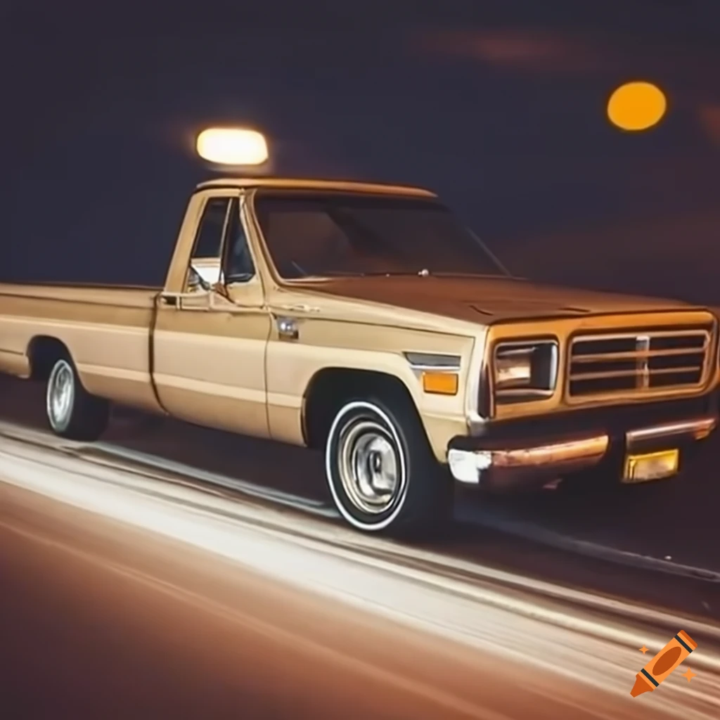 A beige 1980 pickup truck driving down a highway at night