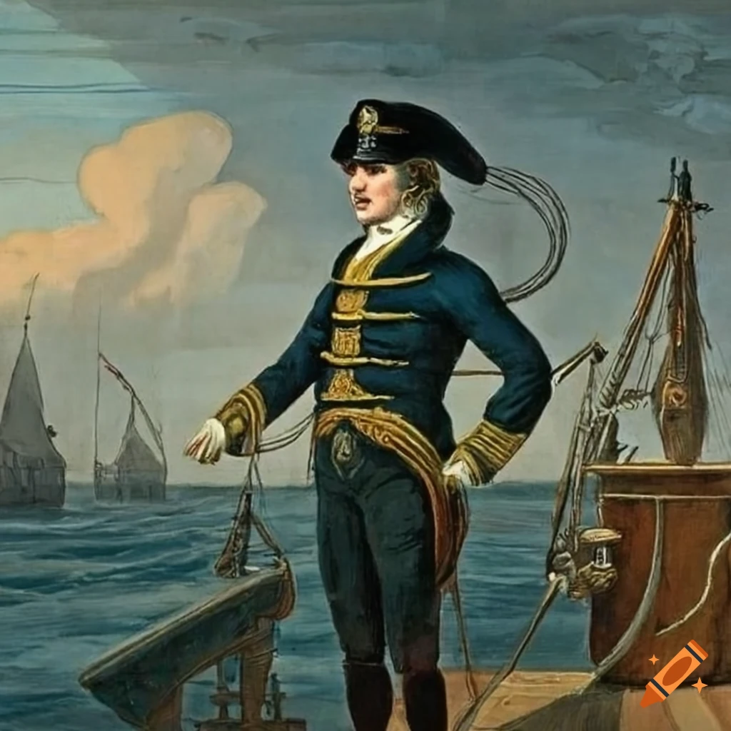 A British navy officer from 1807 standing on the deck of his sailing ship
