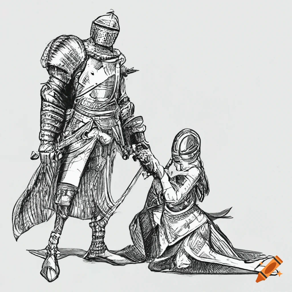 Knight kneeling with sword drawing