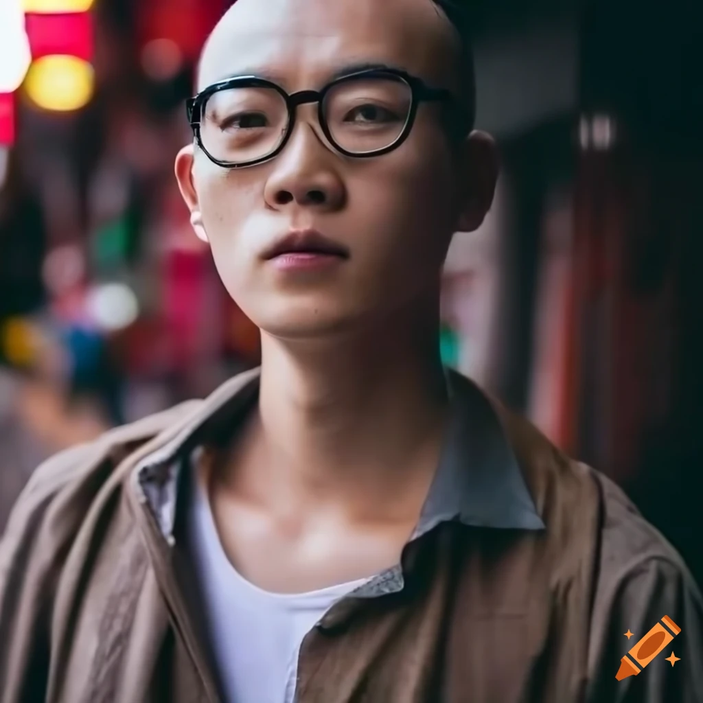 A Good looking Asian Male Model Completely Bald Wearing Glasses And 