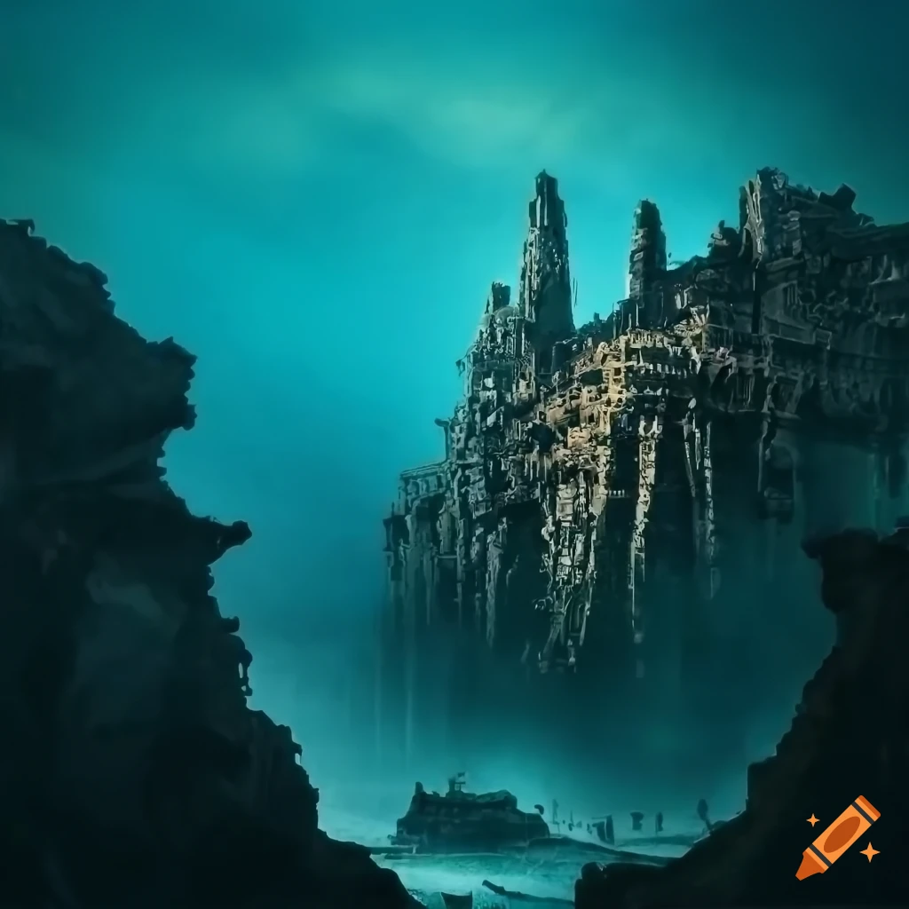 Intricate underwater city on a cliff near giant sea monster, highly ...