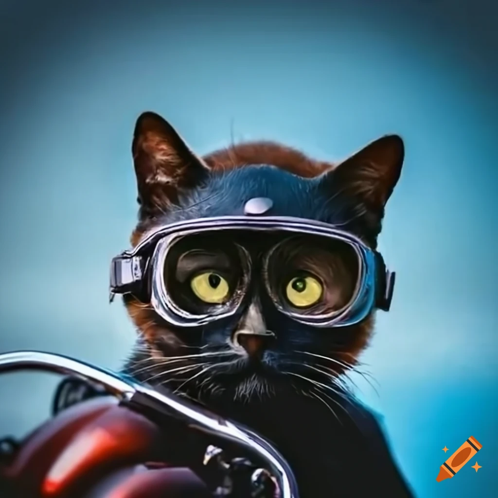A black cat wearing a helmet and goggles riding a harley motorcycle on ...