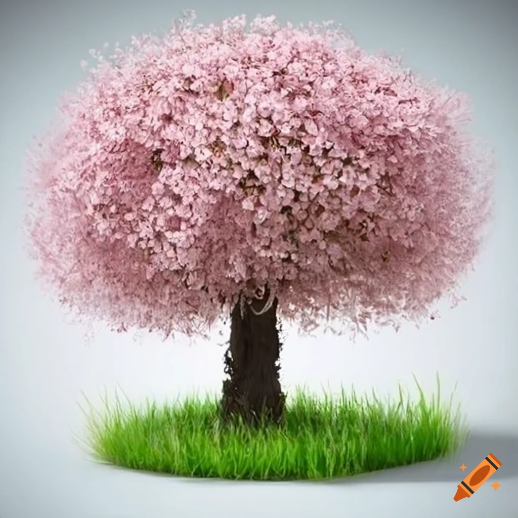 Whole cherry blossom tree with wide trunk little grass on no backdrop