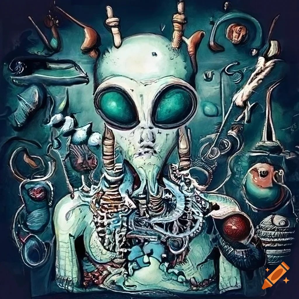 Joe Fenton drawing scene decor microcosme many creatures surrealist aliens objects masques armes instruments musical
