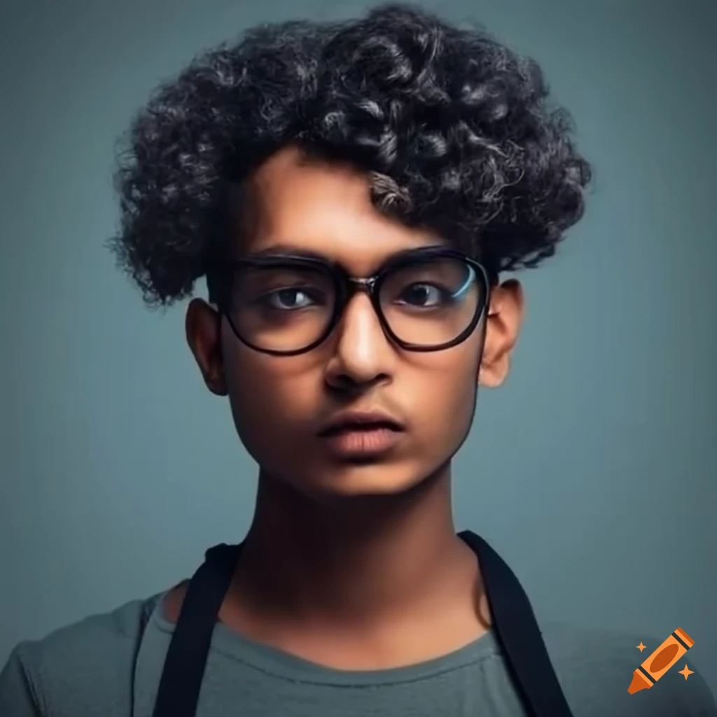 A confident young indian man with curly hair and stylish glasses on Craiyon