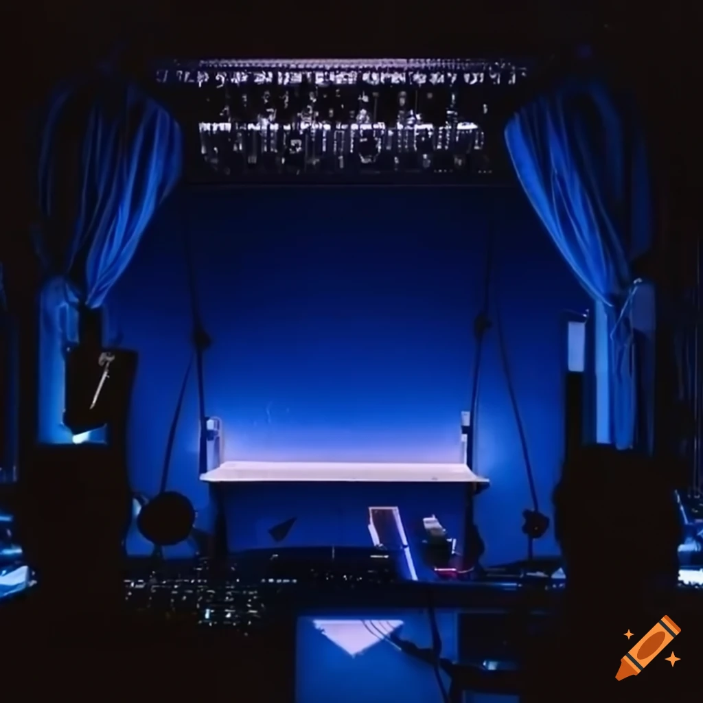 A blue sound stage with a sound engineer working sp audio