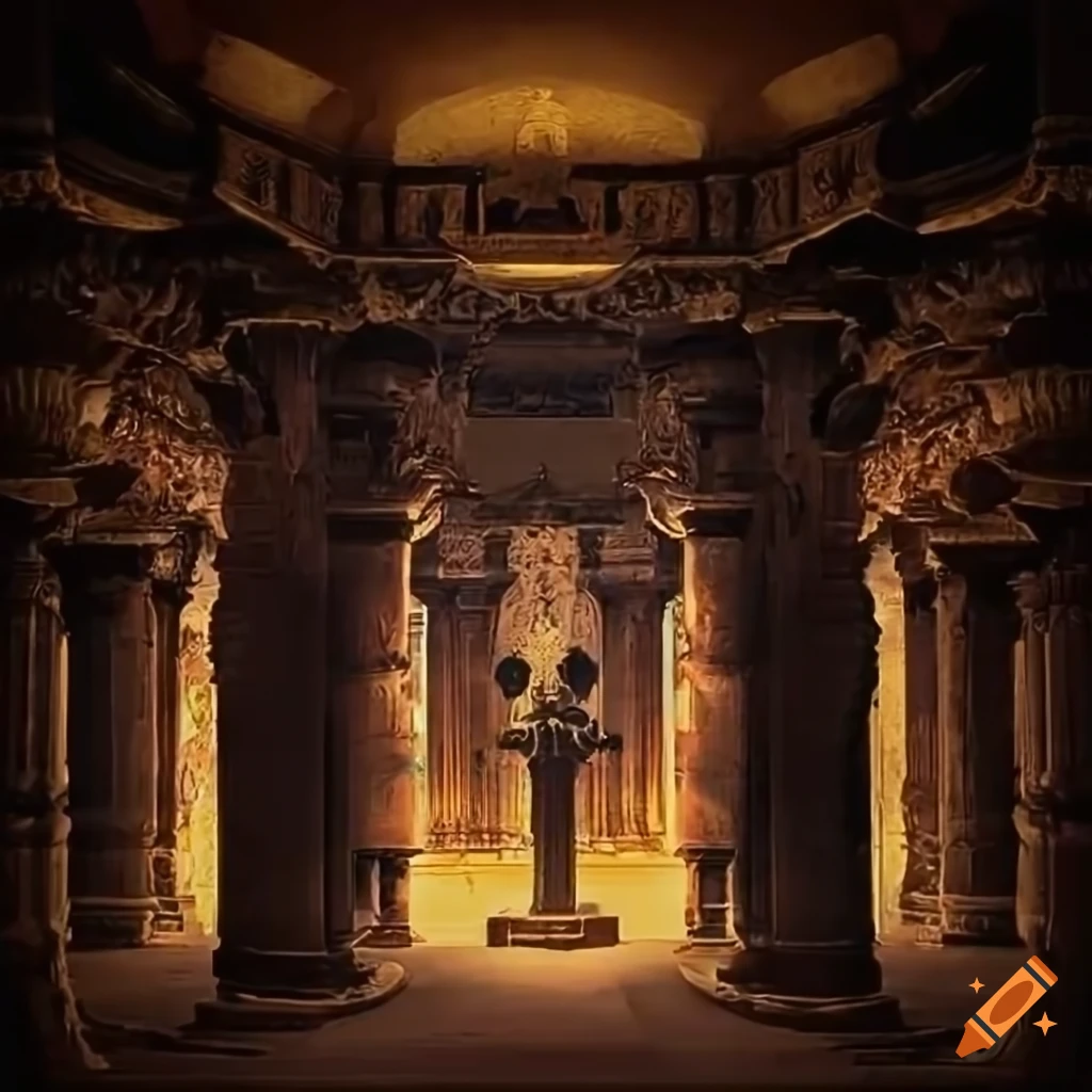 Amber temple with a vaulted ceiling. A statue of a hooded figure stands between black columns. The walls of the temple are sheathed in amber. The temple is dark and ominous and it is night time