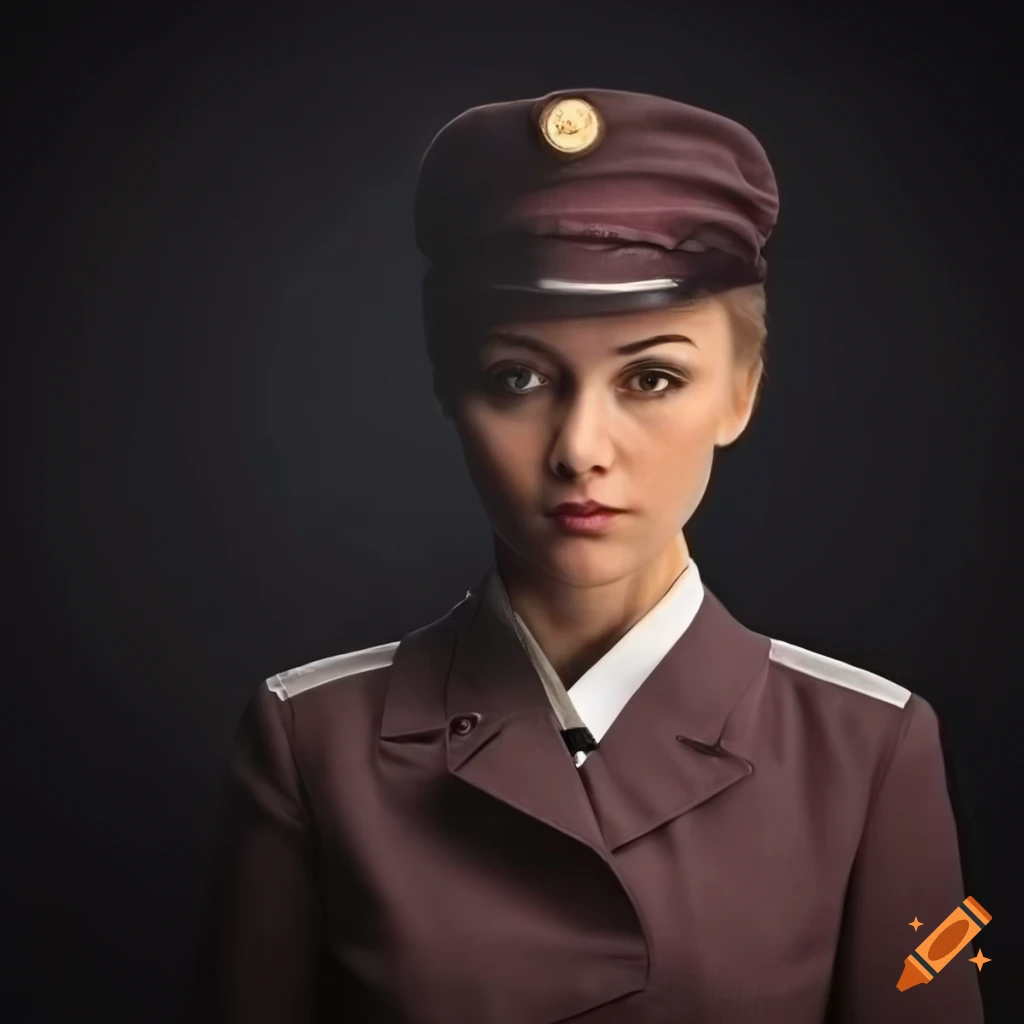 realistic-front-facing-portrait-of-a-woman-in-a-train-conductor-uniform