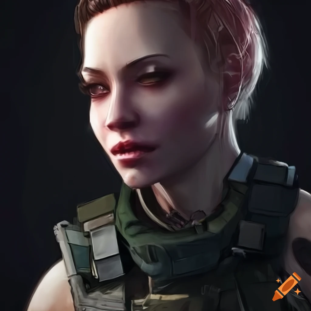 A realistic cyberpunk woman with short hair and a tactical vest