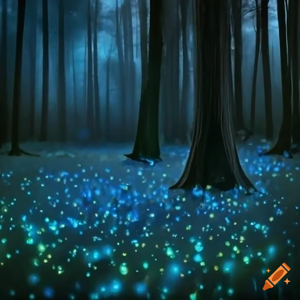 A mystical forest with blue fireflies, glowing flower beds in late
