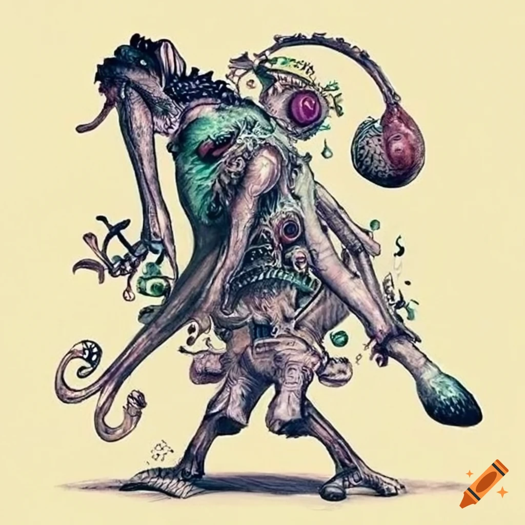 Joe fenton drawing scene decor microcosme many creatures surrealist aliens  objects masques armes instruments musical