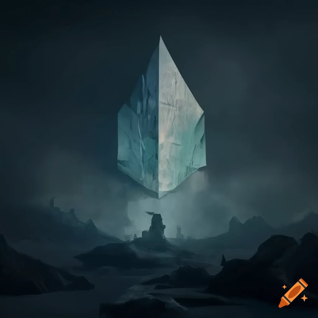 Crumpled and distorted triangle building in a dark fantasy world on Craiyon