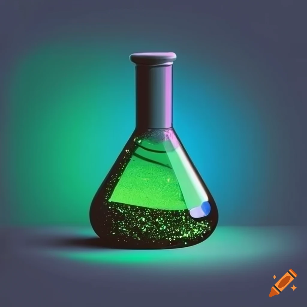 Chemistry flask with glitter liquid inside and green chemistry in ...