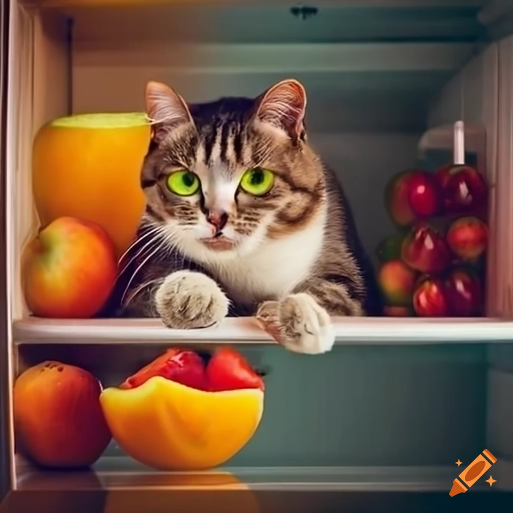 Cat in fridge with fruits on Craiyon
