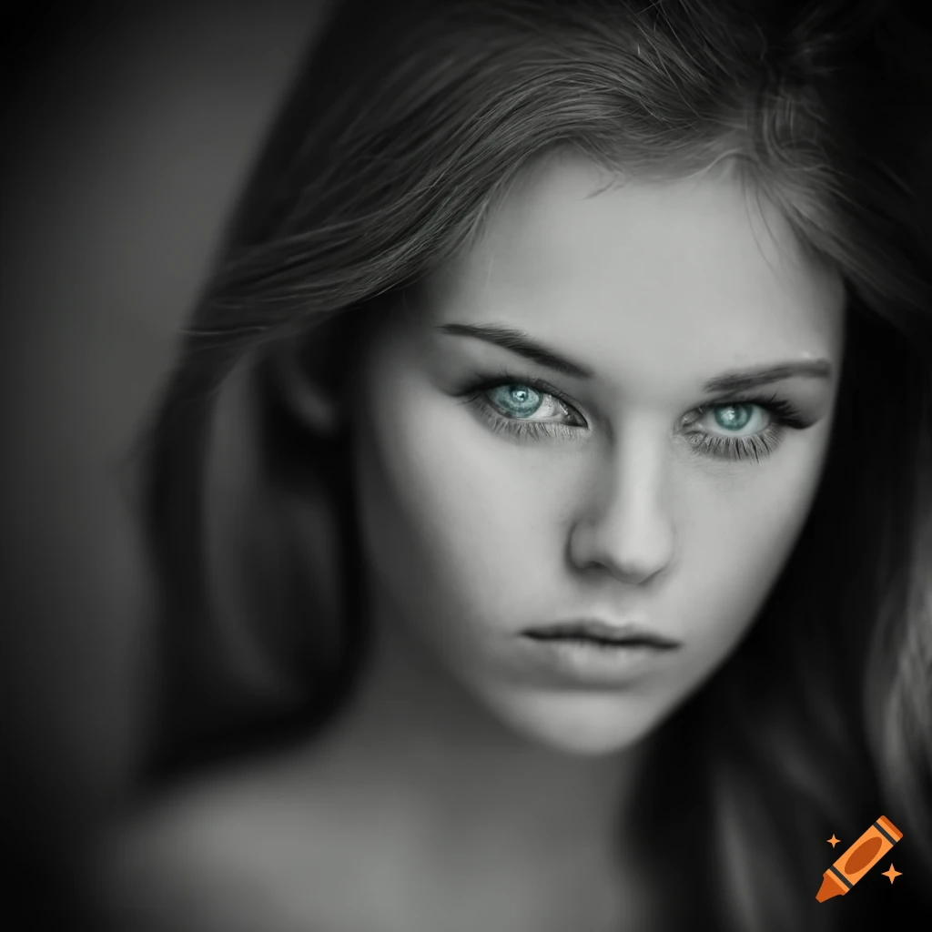 Black and white portrait witt girl blue eyes on Craiyon