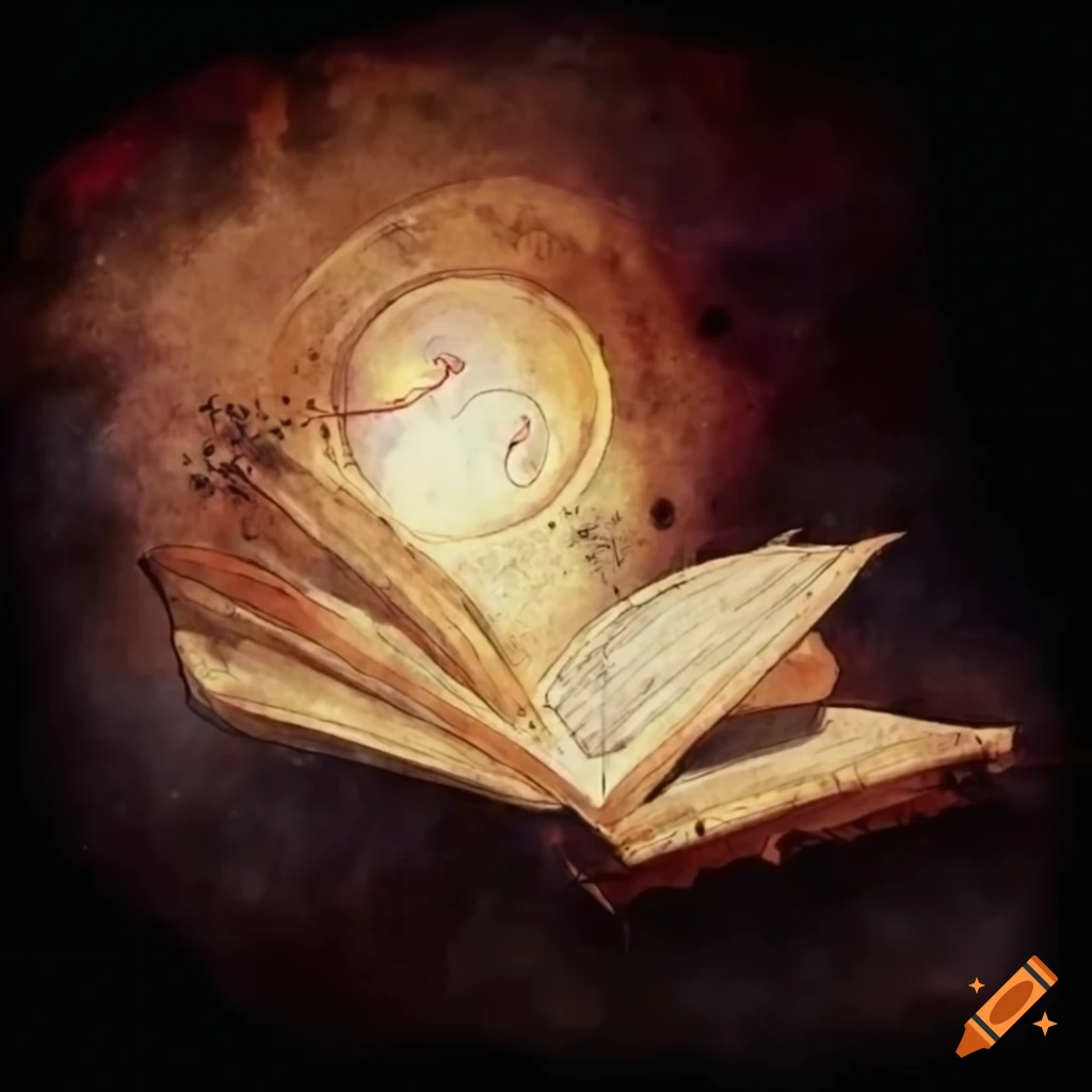 Artistic watercolor of a huge ancient magical book. dark background on  Craiyon