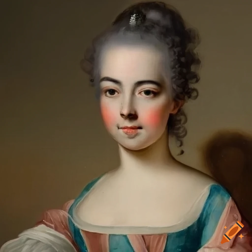 1700s painting of a young woman with long dark curly air and bushy eyebrows