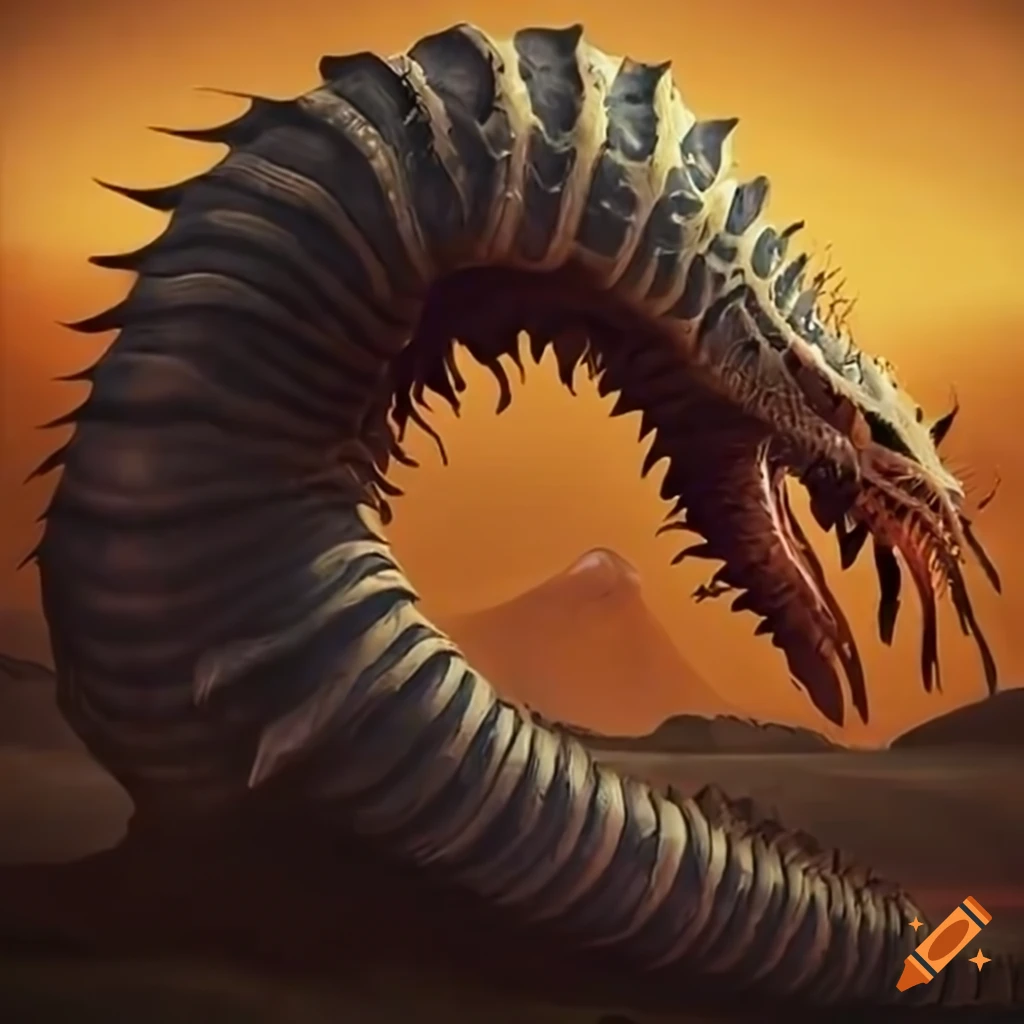 Giant wyrm that looks like a sandworm slithering through a mountain range  on Craiyon