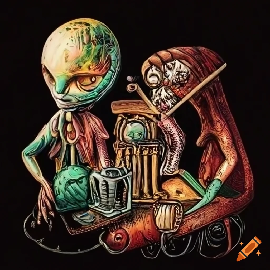 Joe Fenton drawing scene decor microcosme many creatures surrealist aliens objects masques armes instruments musical