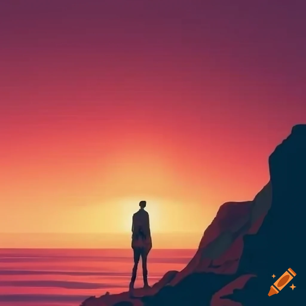 A lone figure stands on a rugged cliff overlooking a vast and turbulent ...