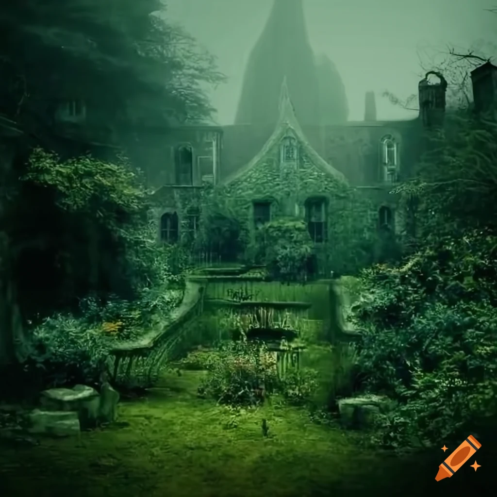 haunting overgrown garden in large and open medieval garden, creepy, zoomed out, manor in background