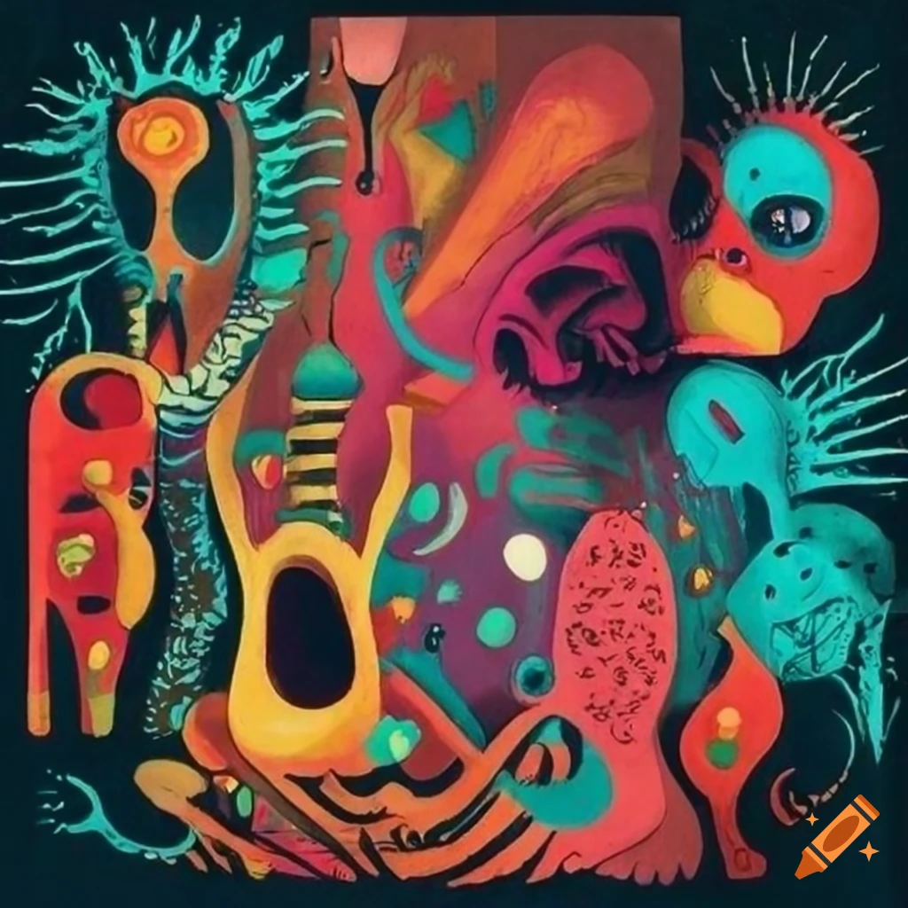 Alfred Pellan flat drawing graphique texture scene many creatures surrealist aliens objects masques instruments musical