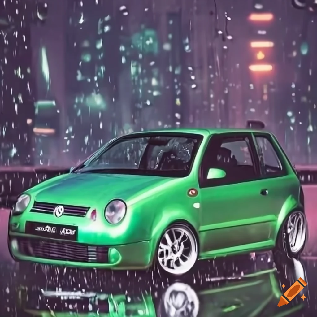 Green volkswagen lupo drifting in rain. nightime city background