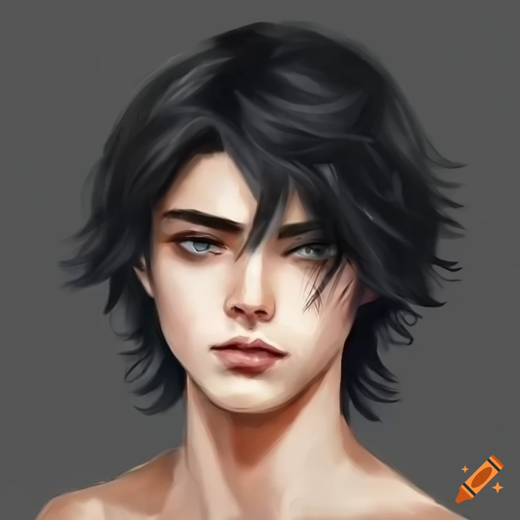 A pretty young man with long black wavy hair and pale skin. manga style