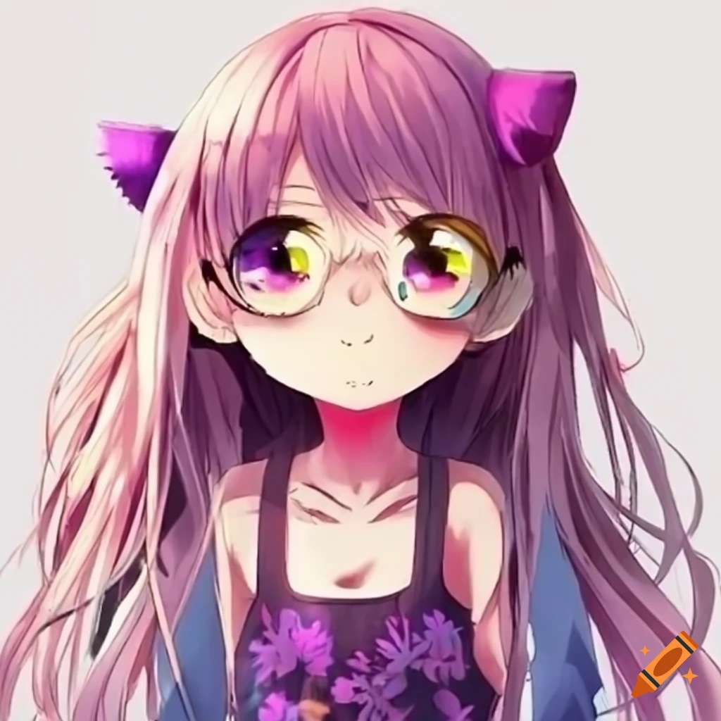 Drawn Kawaii Girl with Purple Pink Hair and Cat Ears · Creative