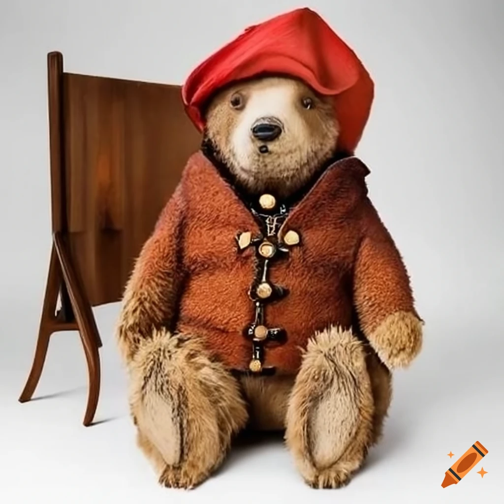 Paddington bear teddy balancing on a tree trunk in the jungle on