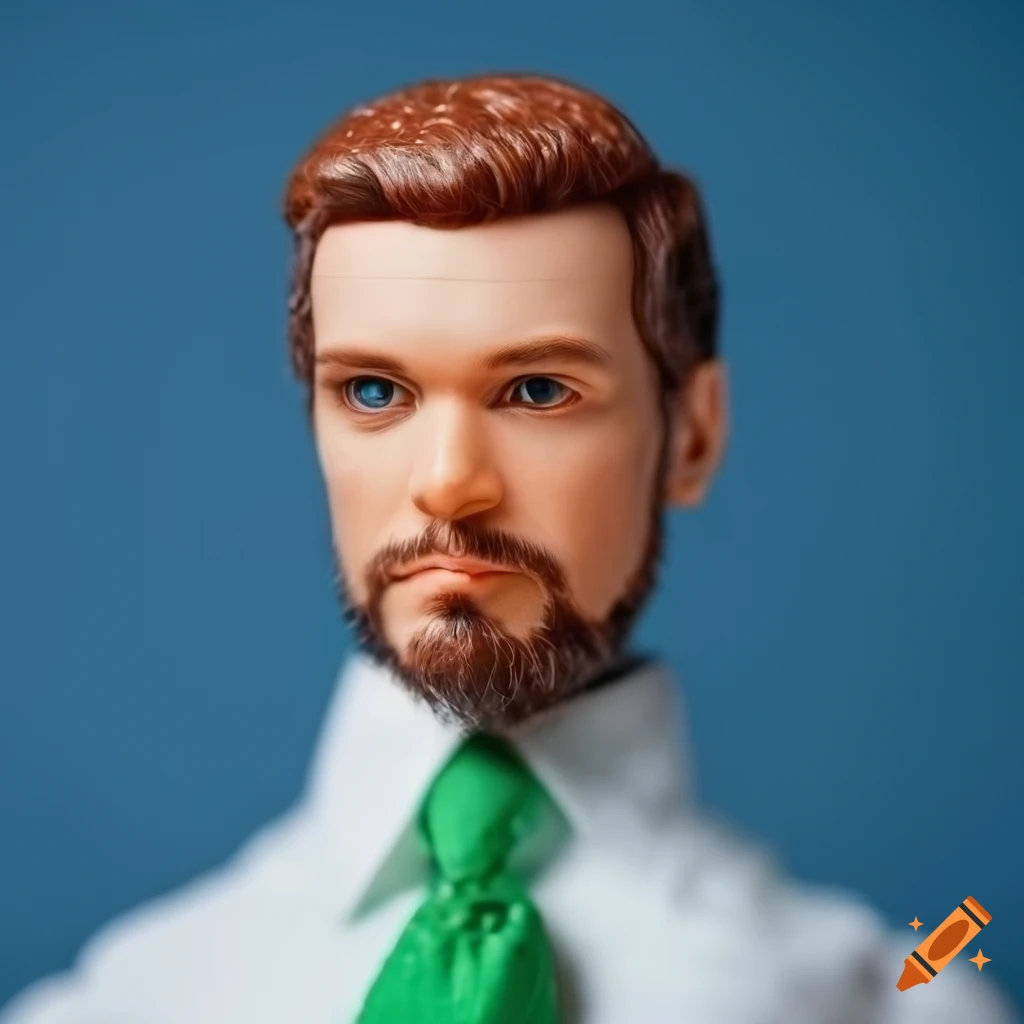 An action man toy, wearing a white shirt and green tie. it has brown