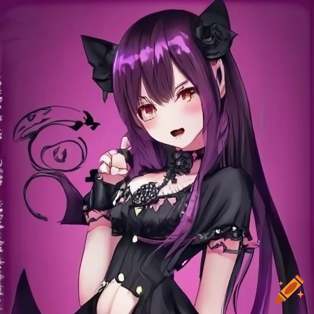 Cute succubus outfits, black kitty outfit purple hair pigtails, anime,  girly, ruffles, bows on Craiyon