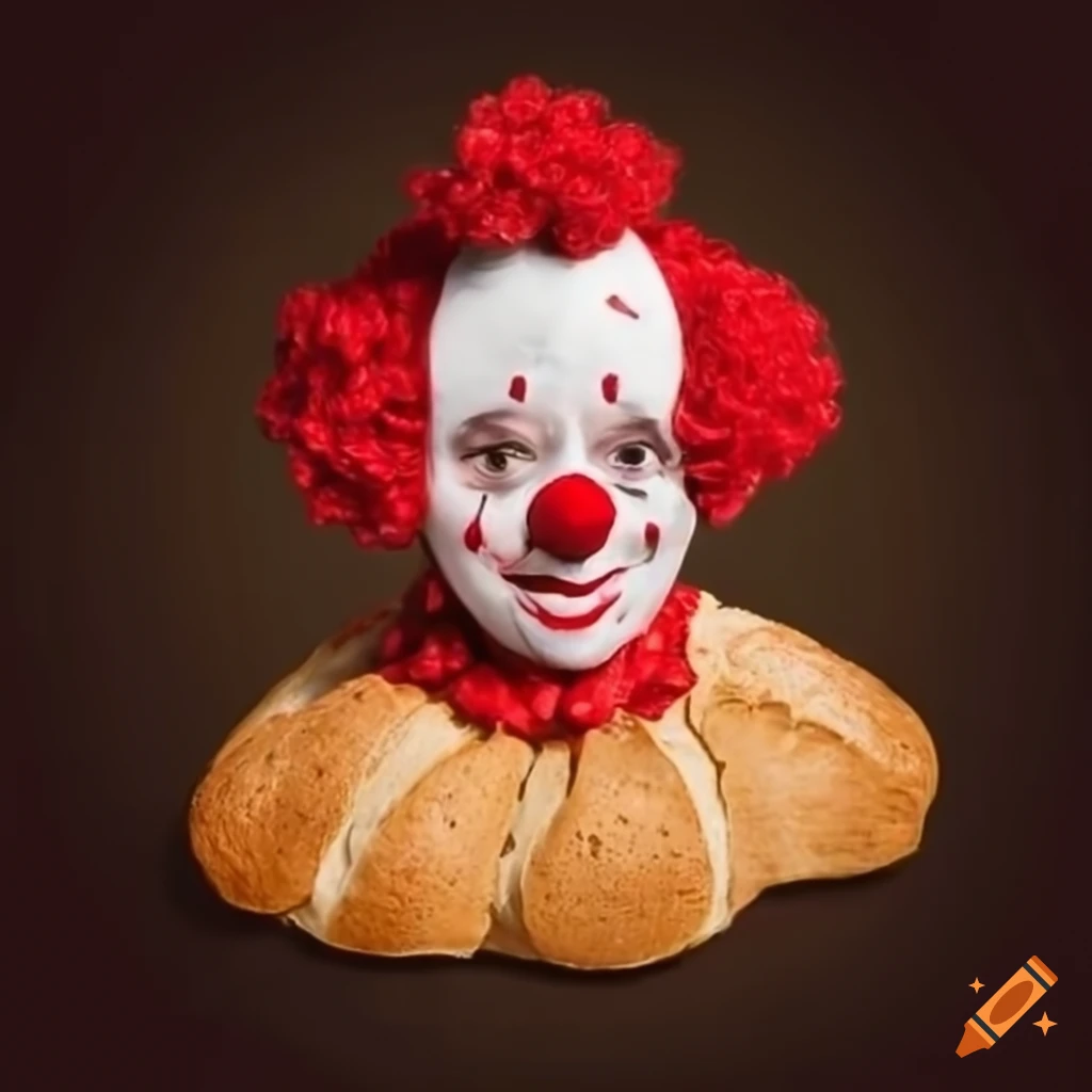 a piece of bread dressed as a clown with a red and white colour scheme