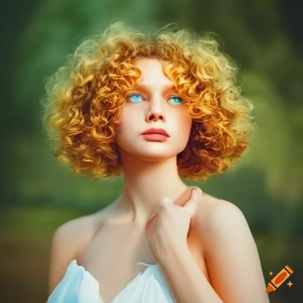 A woman with short curly golden hair, shining in the sun, with blue