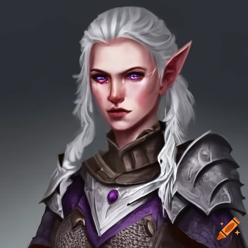 Female half elf knight with purple eyes, silvery hair, and fair skin on ...