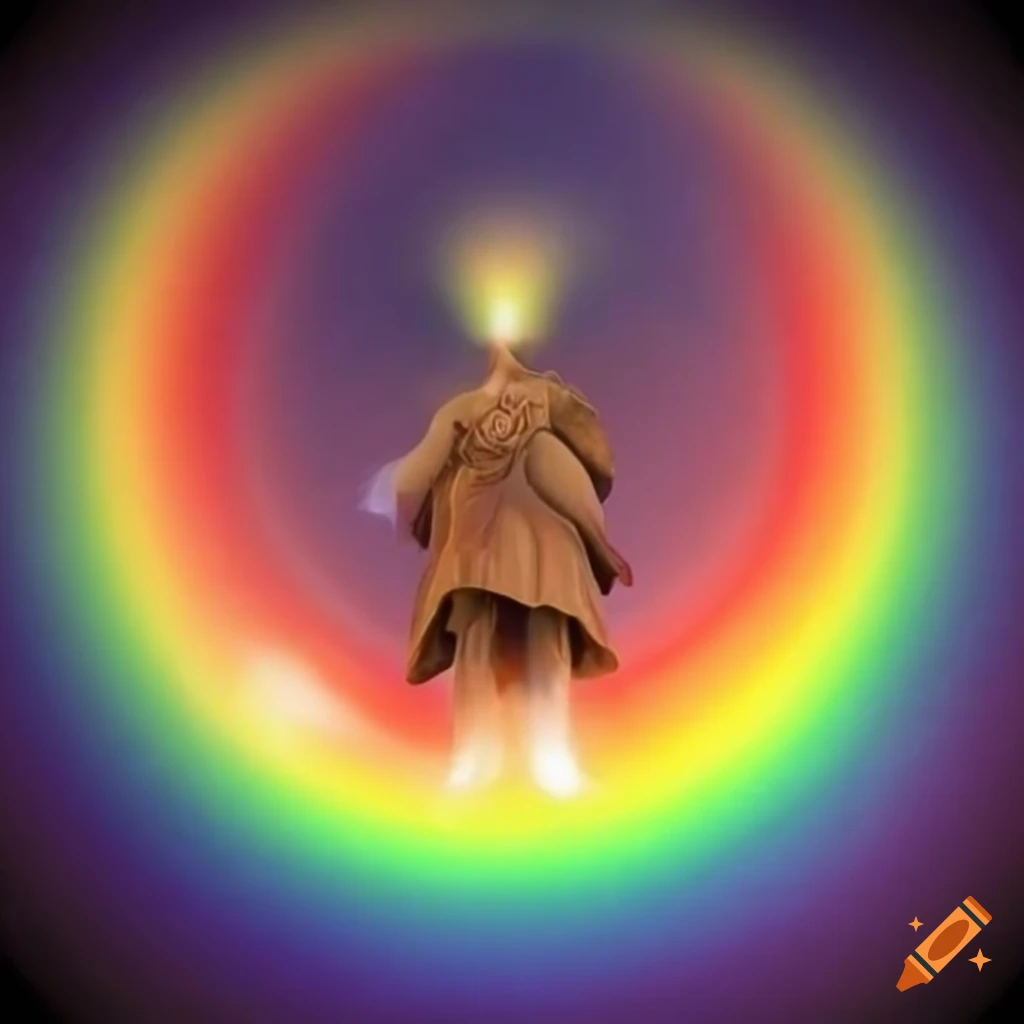 Guardian angel with a radiant smile and rainbow aura on Craiyon