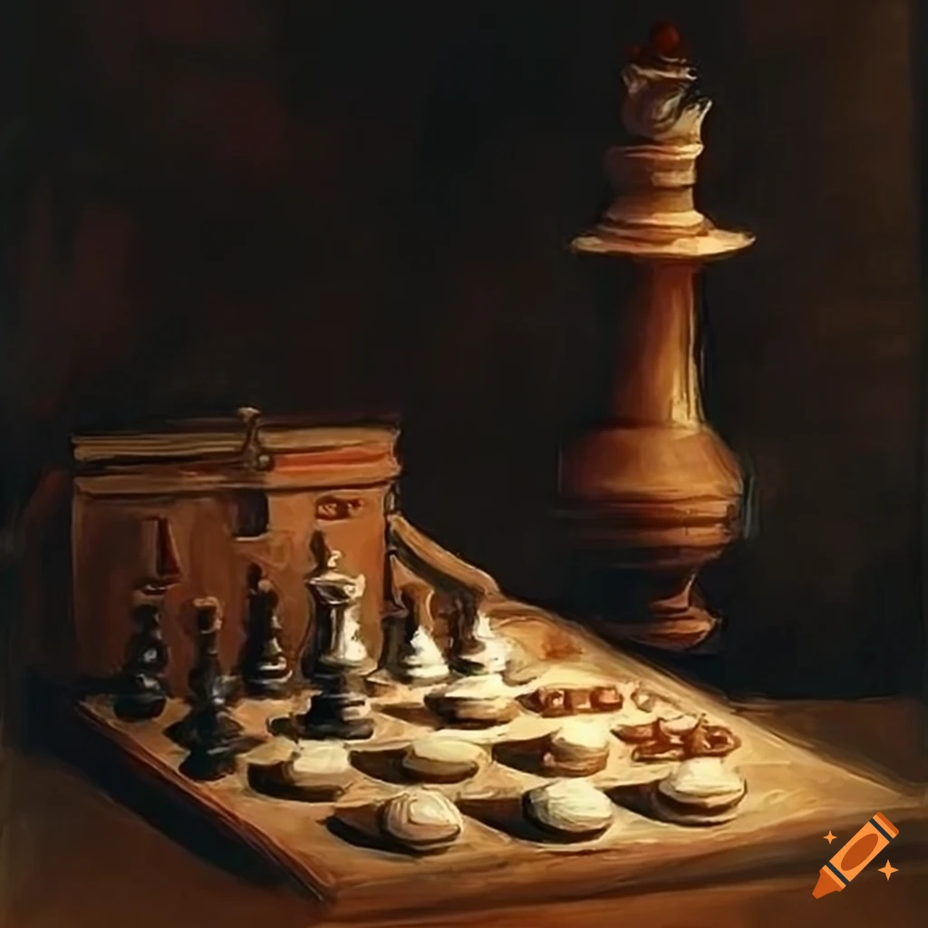 Oil painting of a grand chess match outside a school