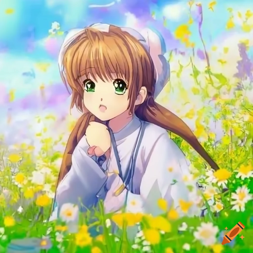 Cute Cartoon Girl on the meadow with flowers